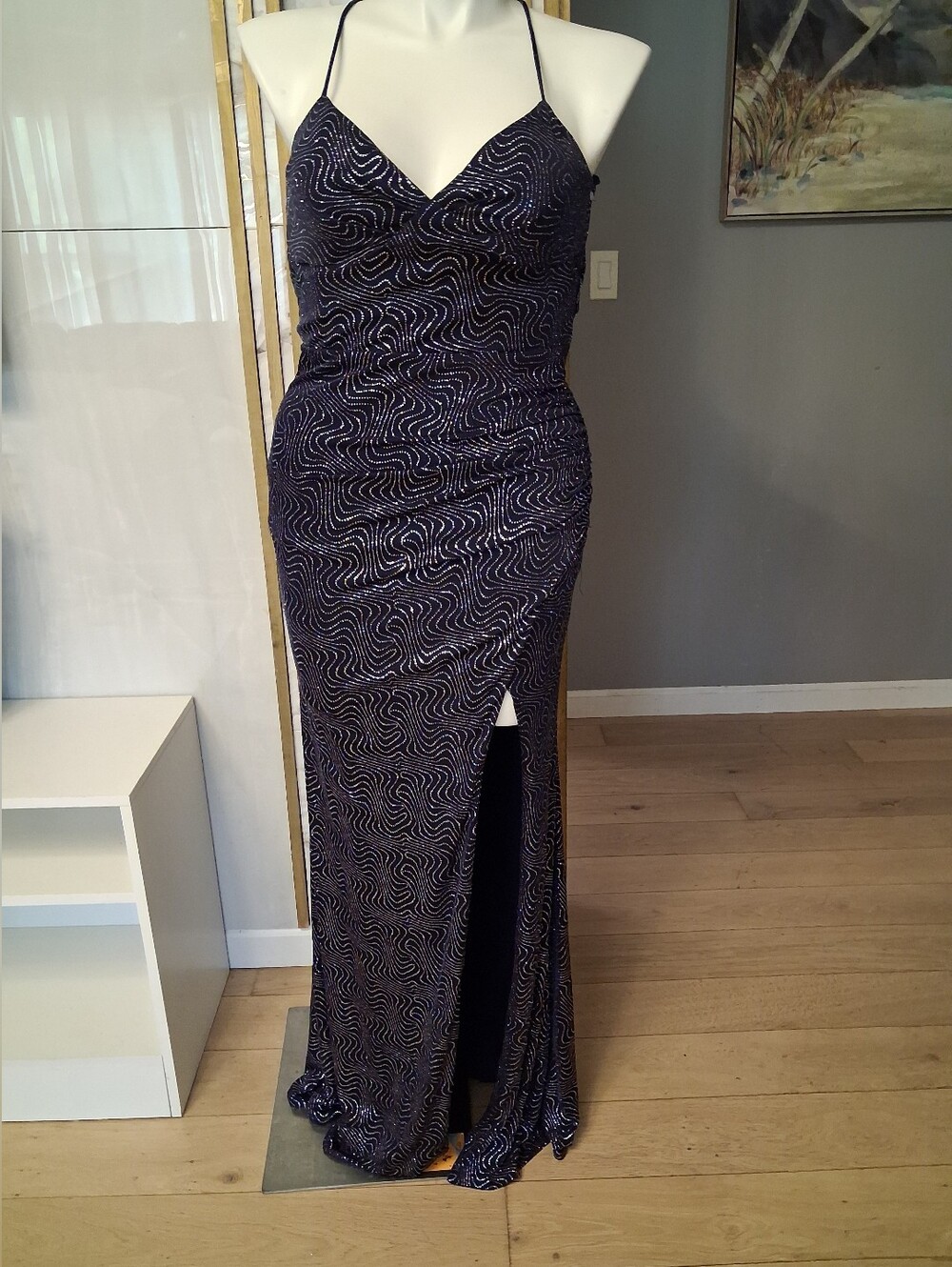 City Studio Navy Sequin Halter Slit Gown
